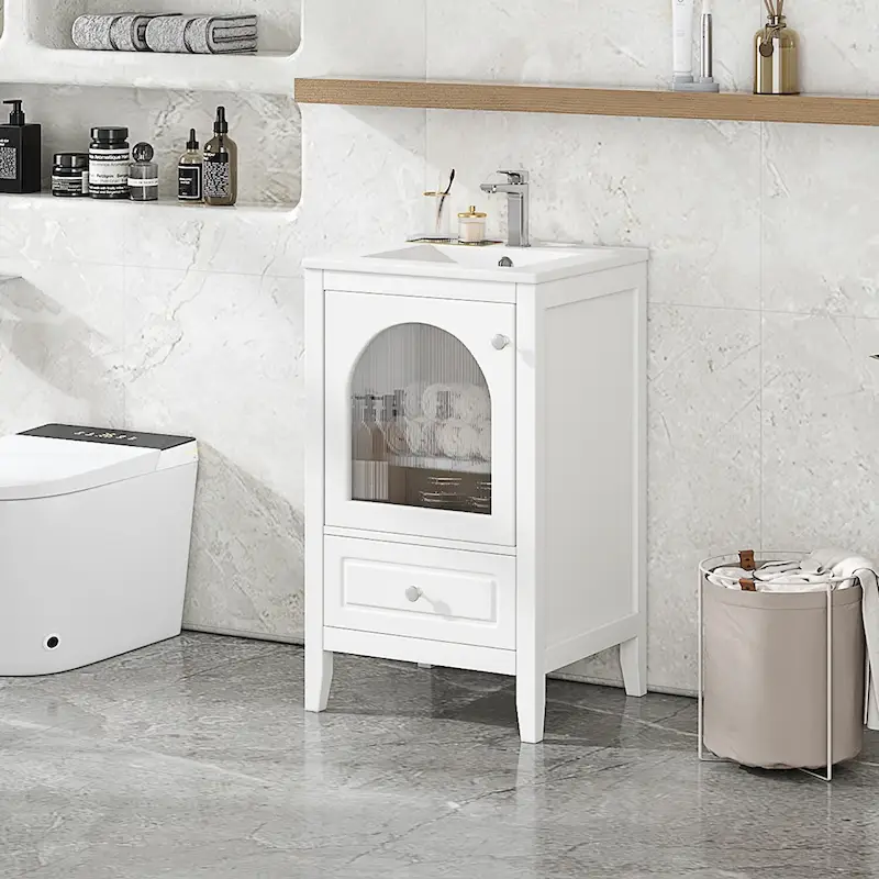 20 Inch Bathroom Vanity With Sink Combo, Modern Bathroom Vanity, Compact Space Bathroom Cabinet With Glass Door, Drawer