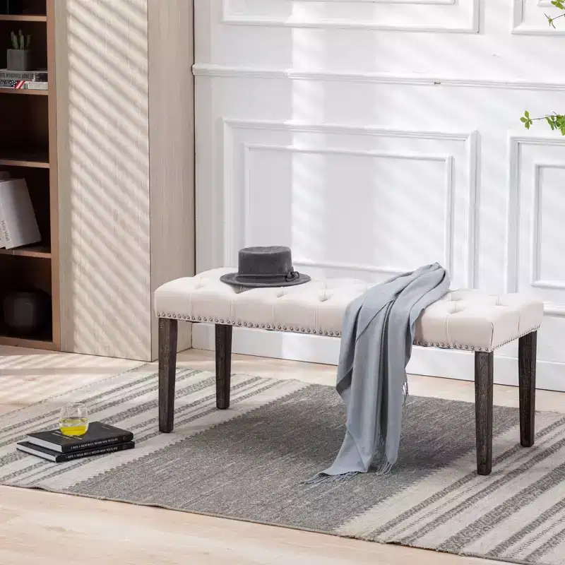 Velvet Tufted Upholstered Bench with Wooden Legs
