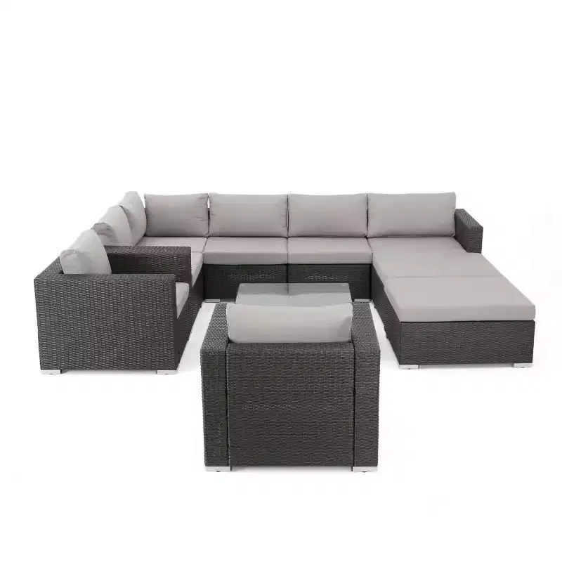 Christopher Knight Home Harley 10 Piece Wicker Patio Furniture Sectional Sofa Set with Tempered Glass Coffee Table and Cushions