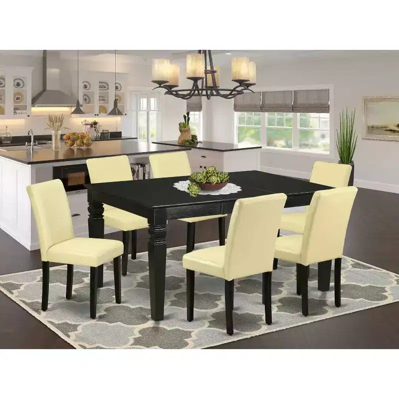 Dinette Table Set 7Pc Rectangular Kitchen Table with 6 Chairs - 42/60 Leaf & Black Legs