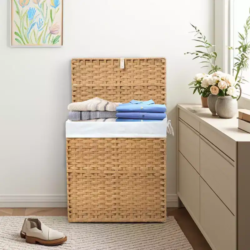 JIONJOY 29 gal. Wicker Hamper w/Lid, Foldable Design, Removable Compartment & Washable Liner