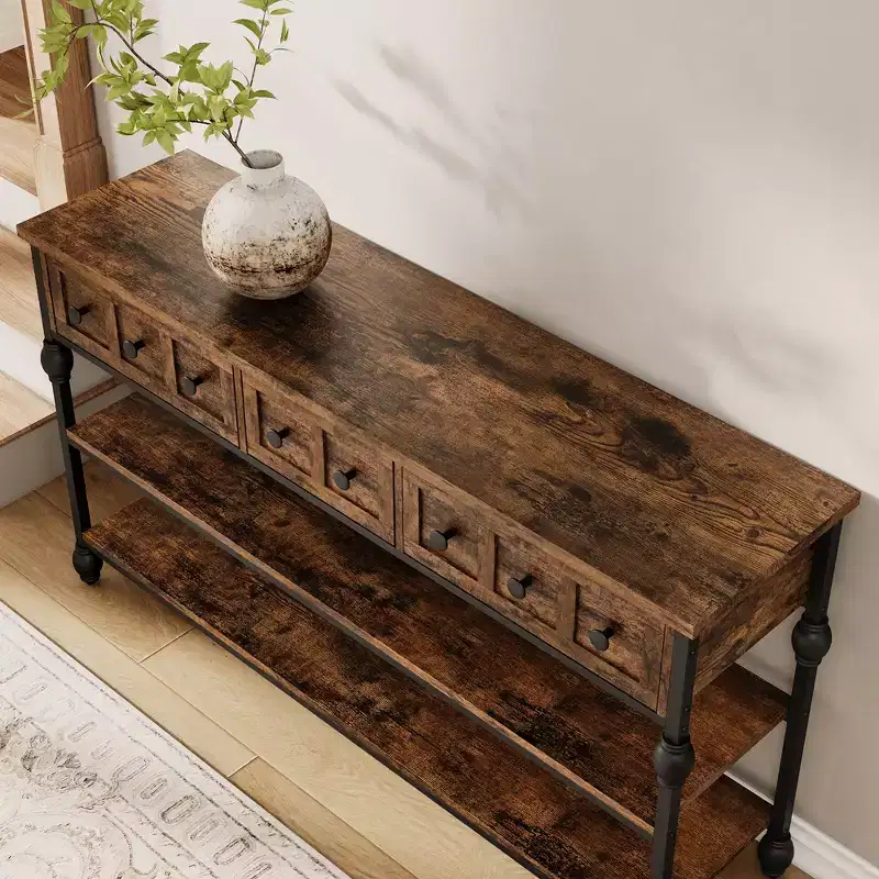 52 Industrial Console Table with 3 Storage Drawers & 3 Tiers Metal Sofa Table for Living Room, Hallway & Entryway, Behind Couch Storage