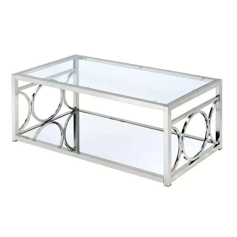 Coffee Table Chrome: Contemporary Silver Metal Frame, Clear Tempered Glass, Storage Shelf, 4-Point Base