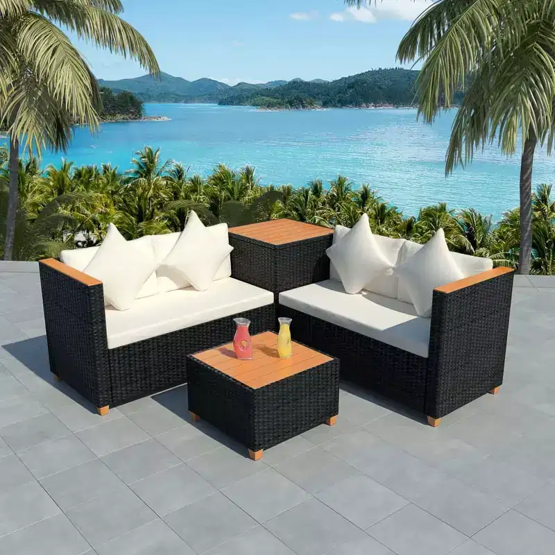 vidaXL 4 Piece Lounge Set - Poly Rattan Patio Furniture with Cushions and Storage Box, Perfect for Garden/Patio, Black and Cream White
