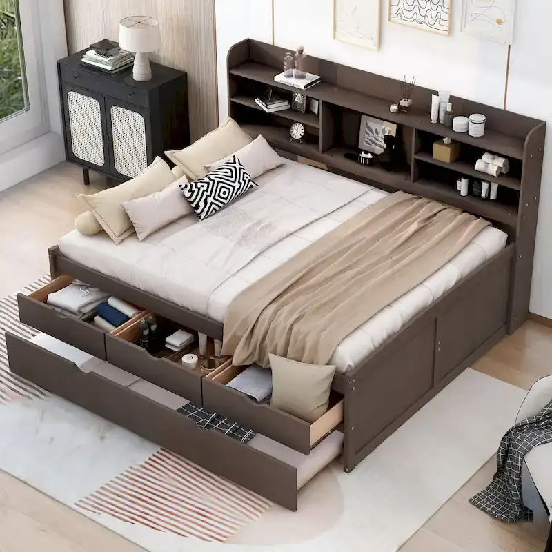 Full Pine Captain Bed with Shelves, Drawers & Trundle