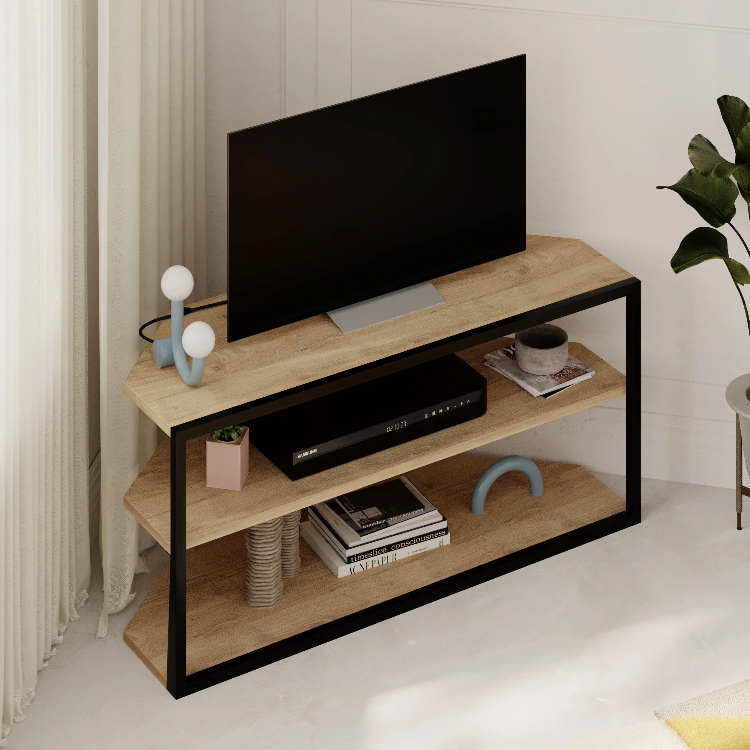Corner TV Stand – Compact Corner Unit for TVs with Storage Shelves for Living Rooms or Flats