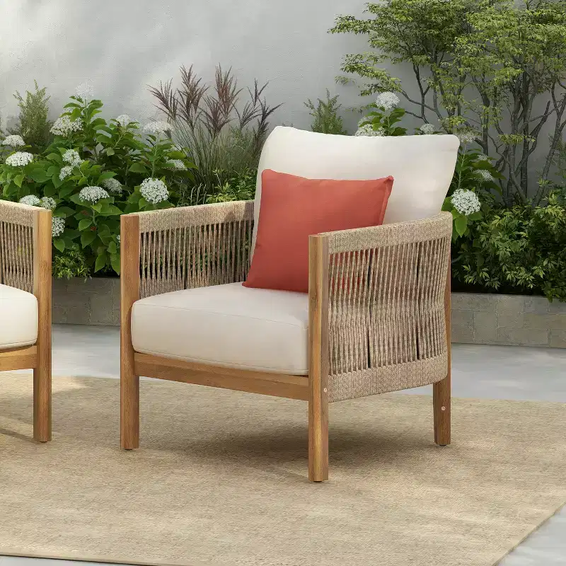 Christopher Knight Home Celeste Patio Rope Weaving Acacia Wood Upholstered Club Chair