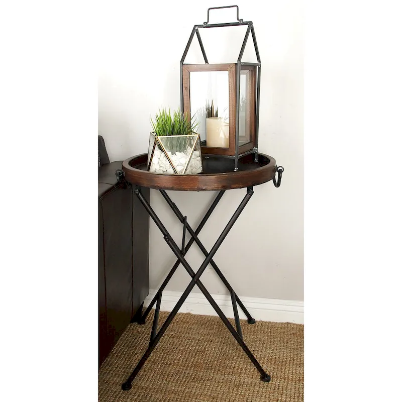 Foldable X-Frame Metal Accent Table with Round Tray Top and Wood Finish – Black, 1-Unit