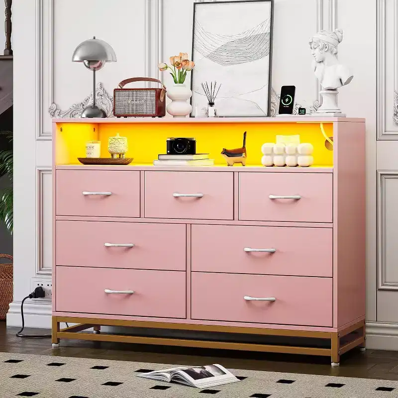 Wooden Modern 7 Drawers Long Dresser with Charging Station and Led Lights Design, Wide Dresser for Living Room, Hallway
