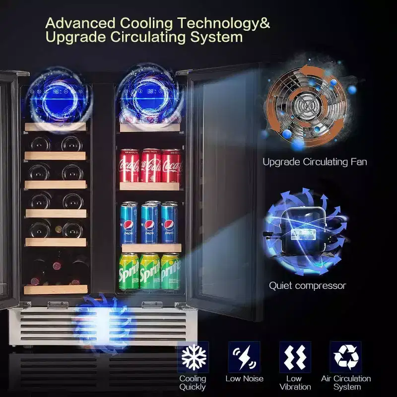 24-inch refrigerator, dual zone cooler, fridge holds 19 bottles and 57 cans,LCD screen control,Fan circulation system,Double glazed glass door