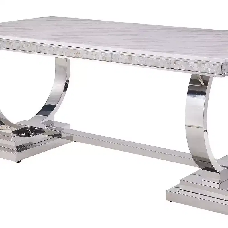 Faux Marble Top Rectangular Dining Table with Silver Pedestal Base, Seats 6, White