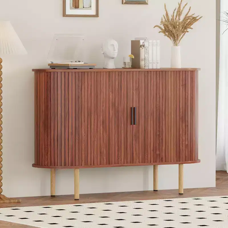 47 Fluted Sideboard Cabinet with Sliding Doors, Modern Wood Storage Cabinet w/Adjustable Shelves, for Living Room, Kitchen, Dining Room