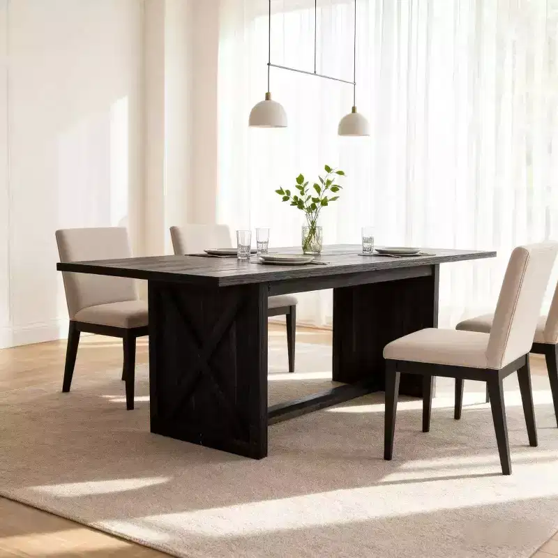 Rectangular Dining Table with X-Frame Base, Farmhouse Industrial Style for Dining Room, Black Wood