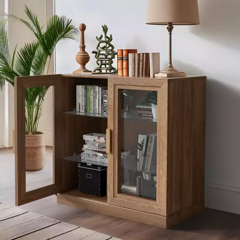 [31-inch | Natural Wood Tone]Double Glass Door Decorative Cabinet (Spacious Layered Storage + Modern Simplicity)