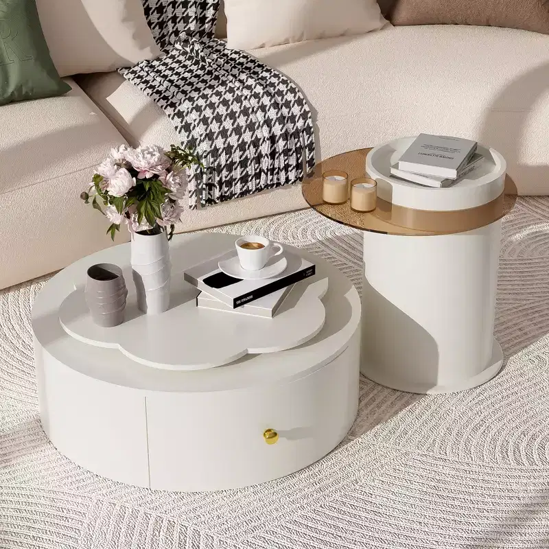 360 Rotatable Coffee Table Round Nesting Coffee Table with Flower Top & 2 Drawers, Accent Table Cocktail Table End Table Side Table-ModernLuxe
