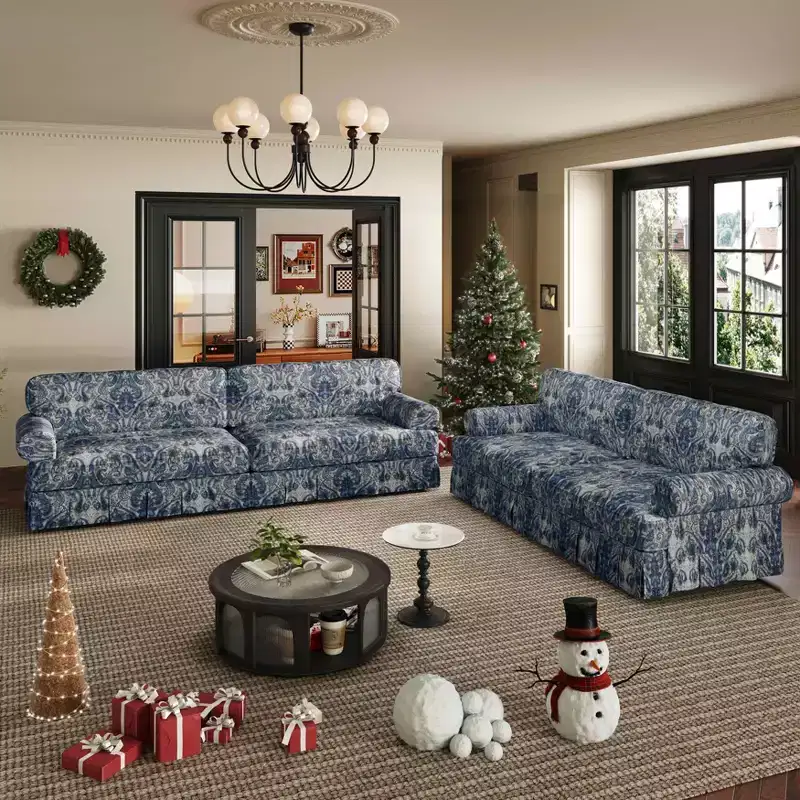 MAYEERTY 74 Luxuriously Comfortable 3 Seater Cloud Couch, Oxford Fabric Sofa with Rolled Arms & Pleated Skirt Design Blue Floral