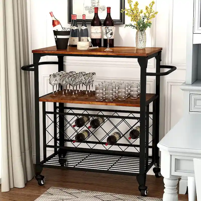 Rolling Bar Cart with Wine Rack and Storage Shelves – Brown, 3-Tier / 4+3-Tier, 1-Unit