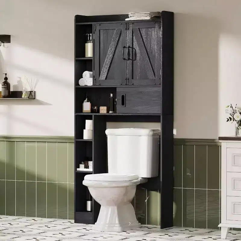 Over Toilet Storage Cabinet Farmhouse Bathroom Storage with Sliding Door Black Space - Saving Adjustable Shelves