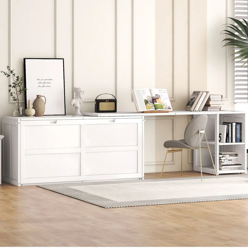 Queen Wooden Murphy Bed with Rotating Desk, Foldable Cabinet