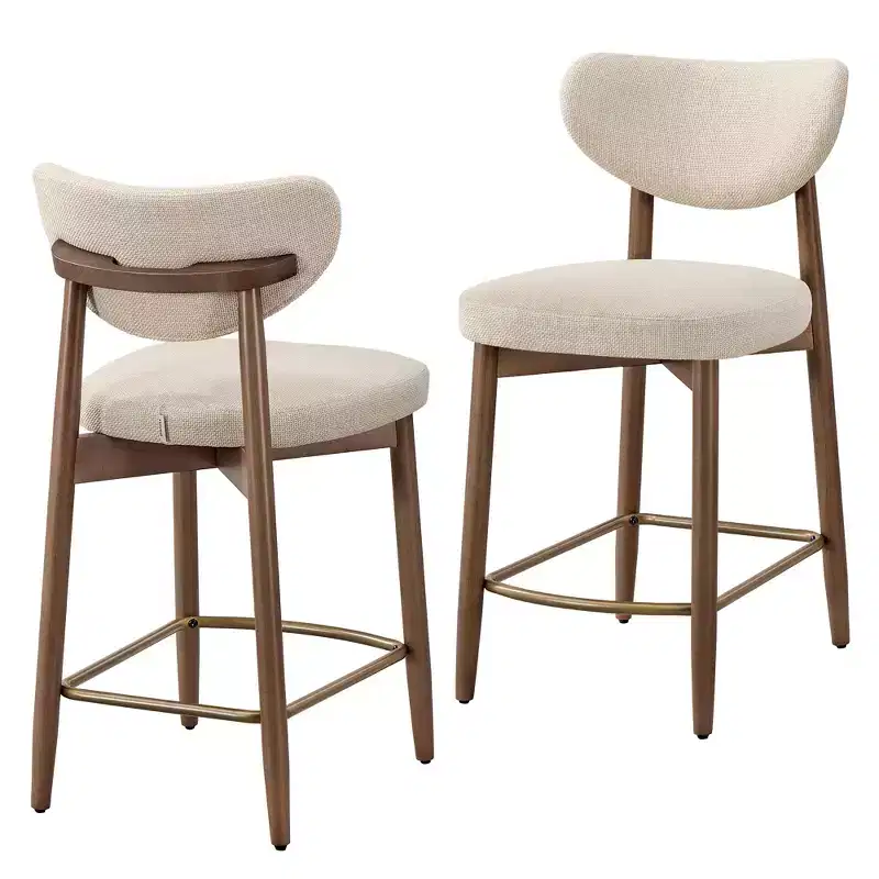VASAGLE Wooden Bar Stools Set of 2, Upholstered Counter Height Barstools with Solid Wood Legs, Ergonomic Backrest, Linen-Look Fabric, Cappuccino