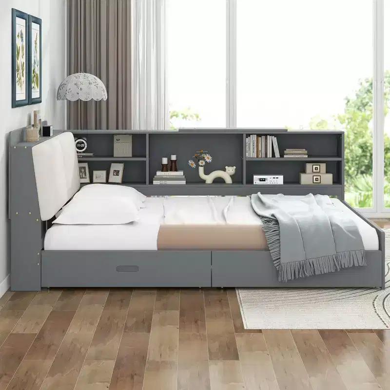 Full Size Platform Bed with Storage Headboard, Shelves and 2 Drawers, Easy Assembly