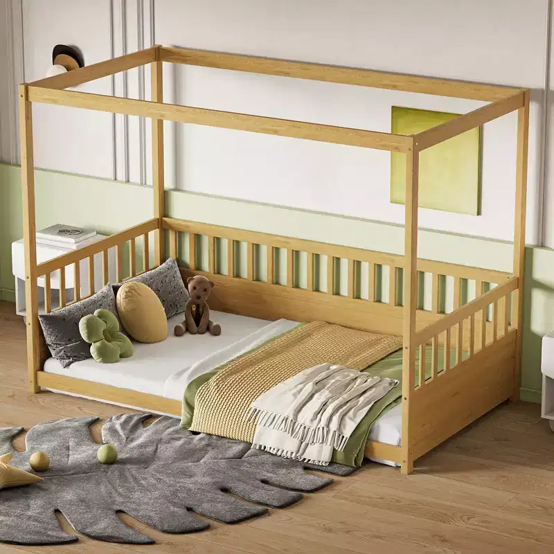 TUYOHW Modern Minimalist Canopy Bed with Safety Guardrails,Twin/Full Size Pine Wood Montessori Bed Frame,No Box Spring Required