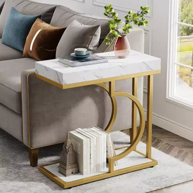 Lantine Narrow C-Shaped Side Table, White and Gold Modern Bedside and Chairside Table with Metal Frame for Living Room, Couch, Sofa