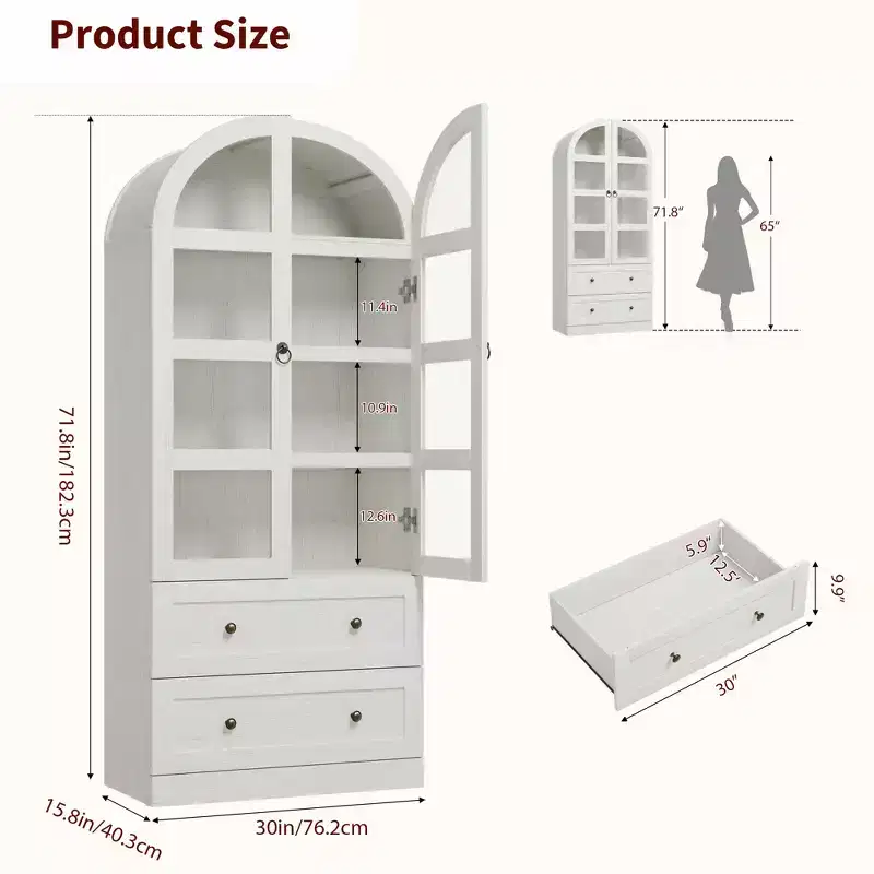 Tall Farmhouse Kitchen Pantry, Arched Wood Kitchens Storage Cabinets with 2 Large Drawers, Easy Assembly