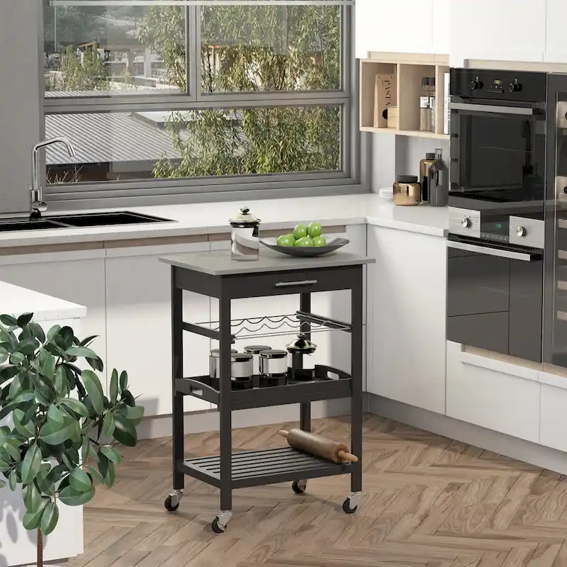 HOMCOM Kitchen island Cart Rolling Trolley Utility Serving Cart with Stainless Steel Tabletop, Wine Rack & Drawer