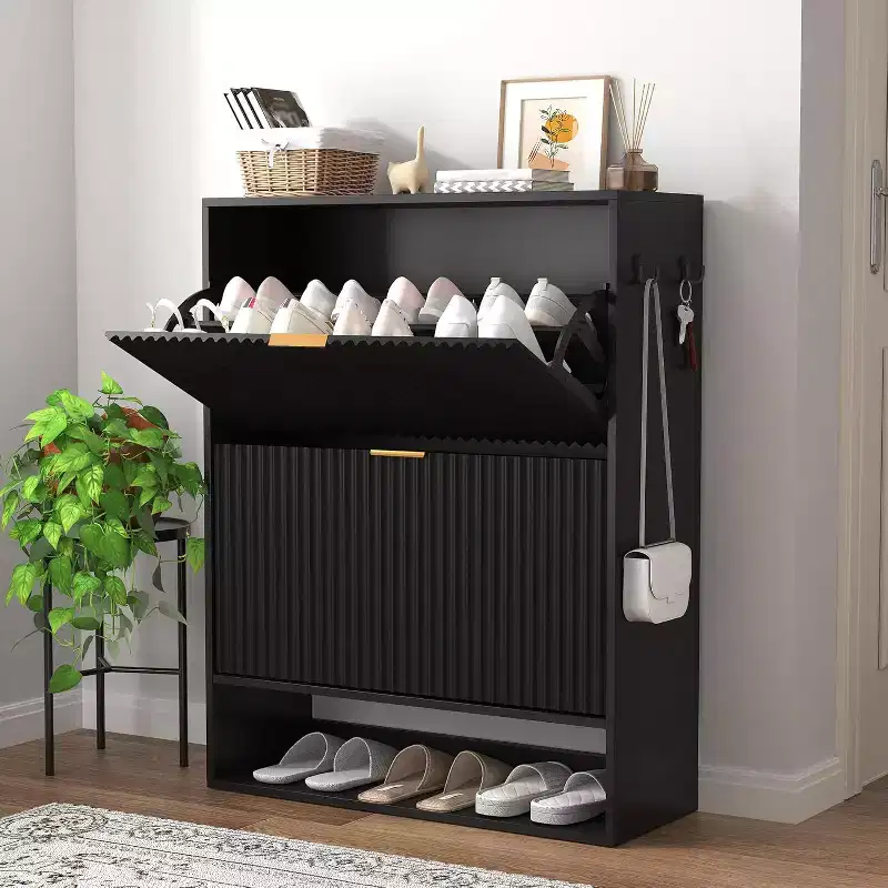 Fluted Shoe Cabinet Storage for Entryway with 2 Flip Drawers & Bottom Open Shelf, Narrow Shoe Rack Cabinet with Side Hooks, Slim Shoe Cabinet