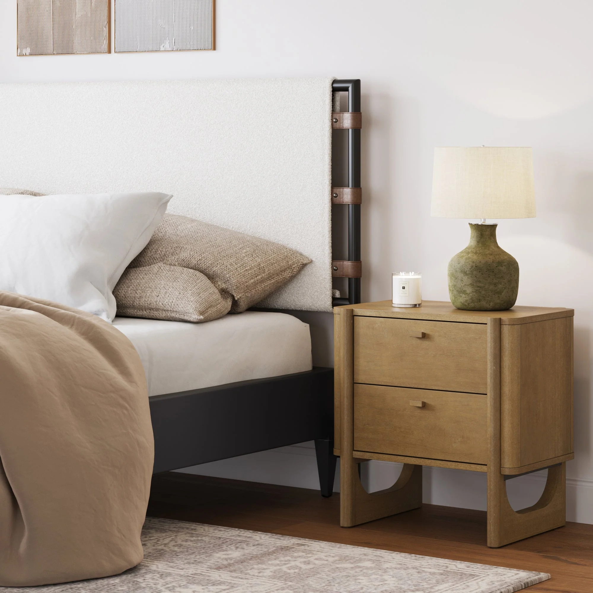 Mid Century Modern 2-Drawer Solid Wood Nightstand Light Brown
