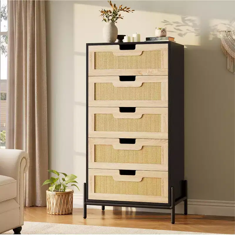 Natural Rattan 5 Drawer Dresser, Wooden Chest of Drawers, Farmhouse Storage Cabinet with Metal Legs, Modern Dresser for Bedroom, Living Room