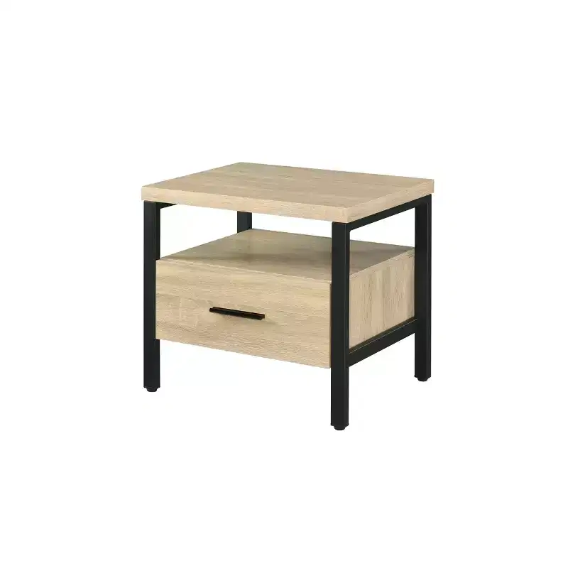 20 Yawan Accent Table Oak/Black Finish - Acme Furniture: Rectangular with Drawer, Open Shelf, Metal Glides