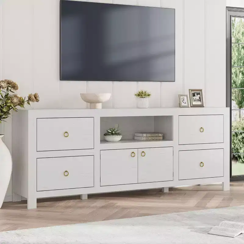 Farmhouse TV Stand for 75/80 Inch TVs, 70 Long Entertainment Center with 6 Storage Drawers & Soundbar Shelf