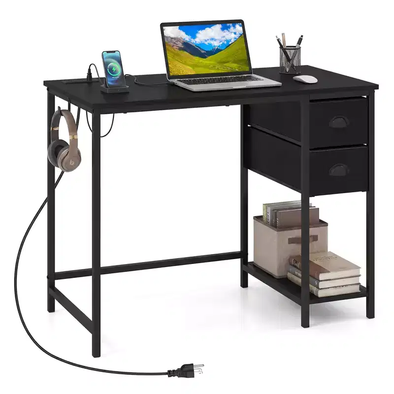 Computer Desk with Charging Station, 2 Fabric Drawers, Storage Shelf & Headphone Hook - Rustic Brown & Black