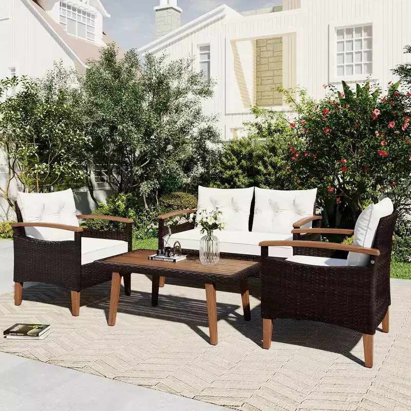 GDFStudio Amelia Patio Modern Farmhouse 4-Piece PE Rattan Modular Seating Set with Acacia Wood Coffee Table and Cushions