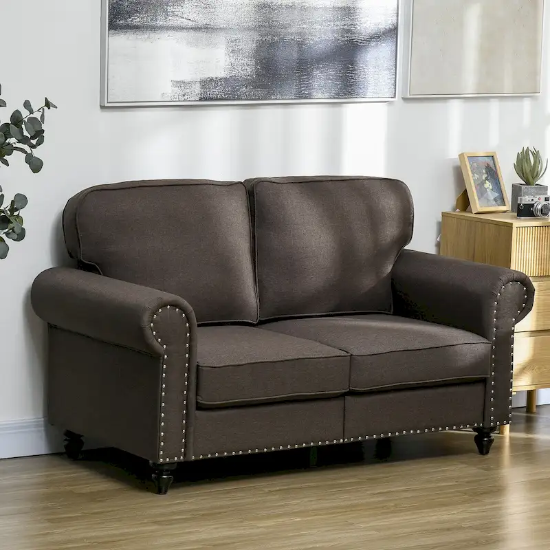 HOMCOM 61 Loveseat Sofa, Mid Century Modern 2 Seater Small Couch with Nailhead Trim, Rolled Arm, Fabric Upholstered Love Seat