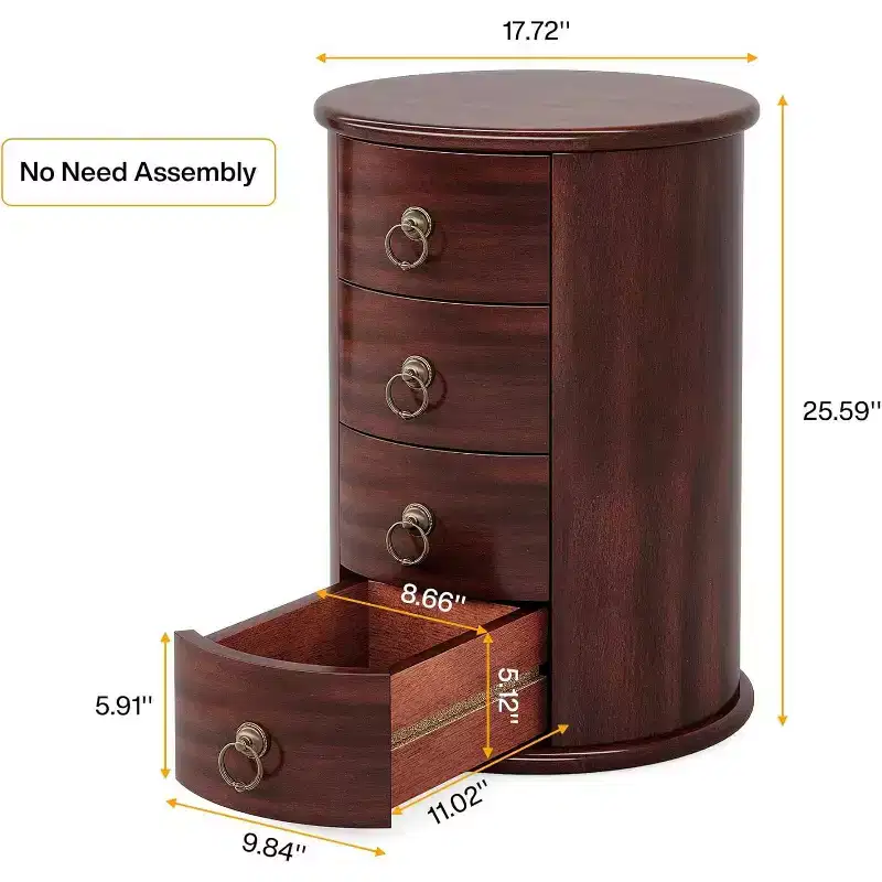 Solid Wood Round Nightstand with 4 Drawers - Rustic Tall Bedside Table, No Assembly Required