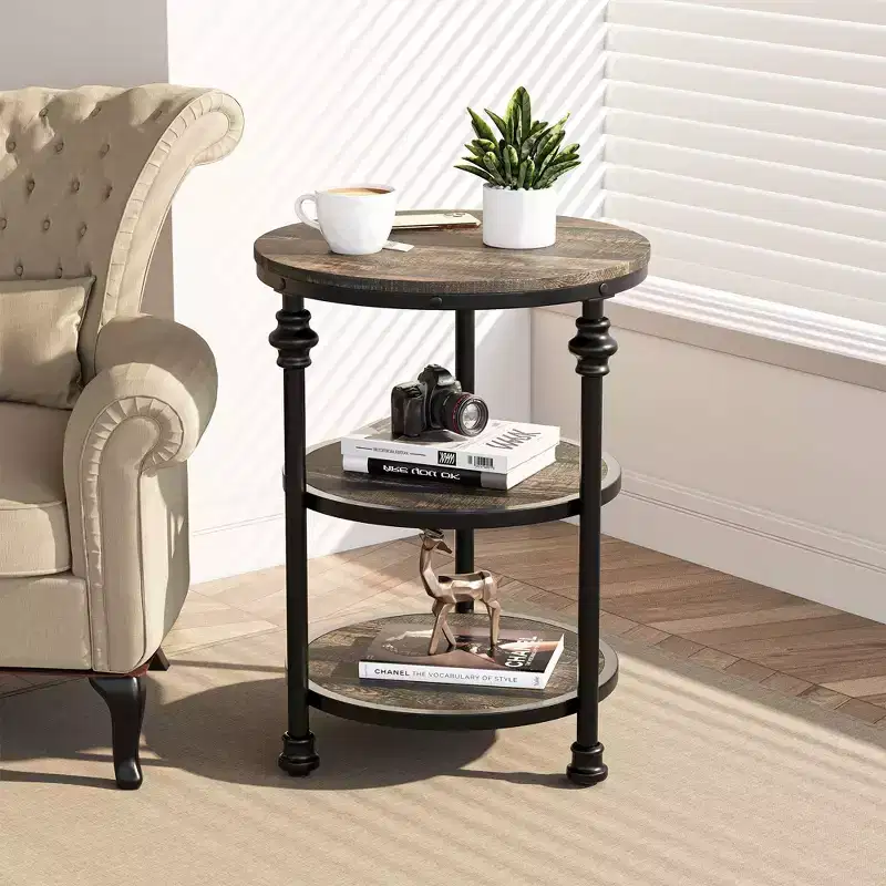 3-Tier Round End Table, Hardwood & Metal Frame, Adjustable Footpads, 18.1