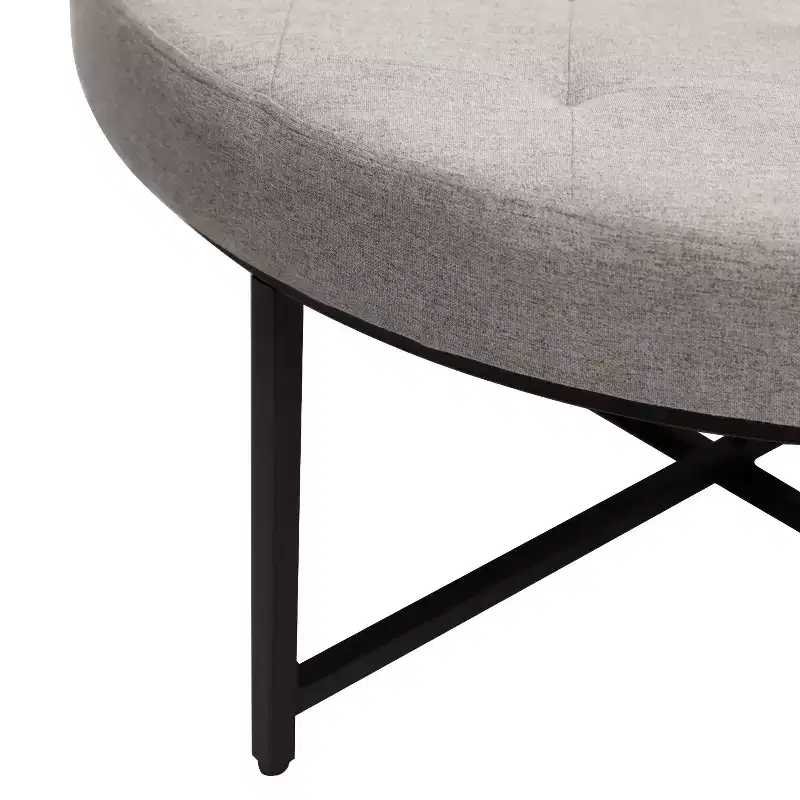 34 Round Cotton Linen Tufted Ottoman with Metal Frame