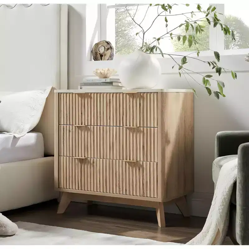 32'' Farmhouse Fluted Nightstand, Modern 3 Drawer Bedside Table with Gold Handle, Waveform Panels End Table