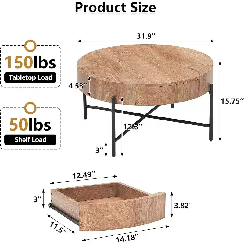 Round Coffee Table with Drawers, Wood Accent Center Table, Farmhouse Circle Table for Living Room