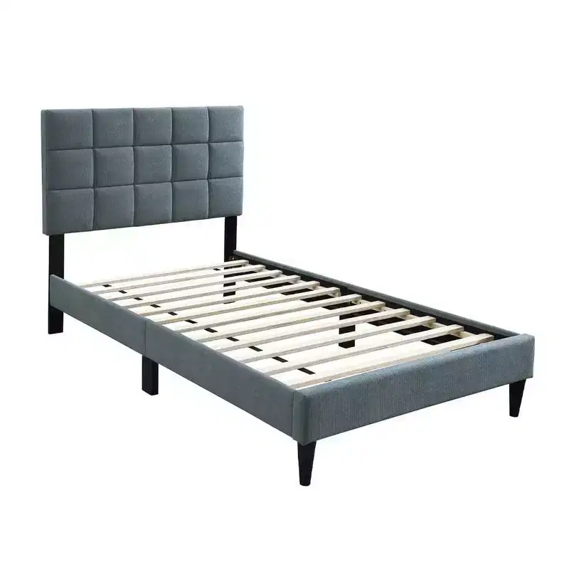 Royal Hampton Twin Bed, Tufted Gray Linen Upholstery, Biscuit Tufted Stitch