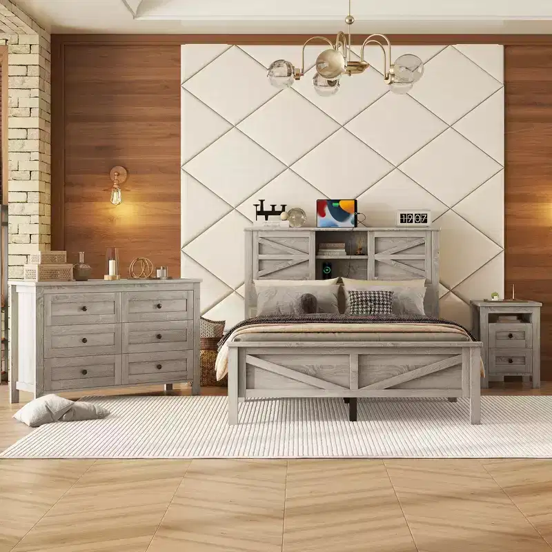 3-Piece Farmhouse Bedroom Sets, Full/Queen Size Platform Bed with Storage Nightstand and Dresser 4W - ModernLuxe