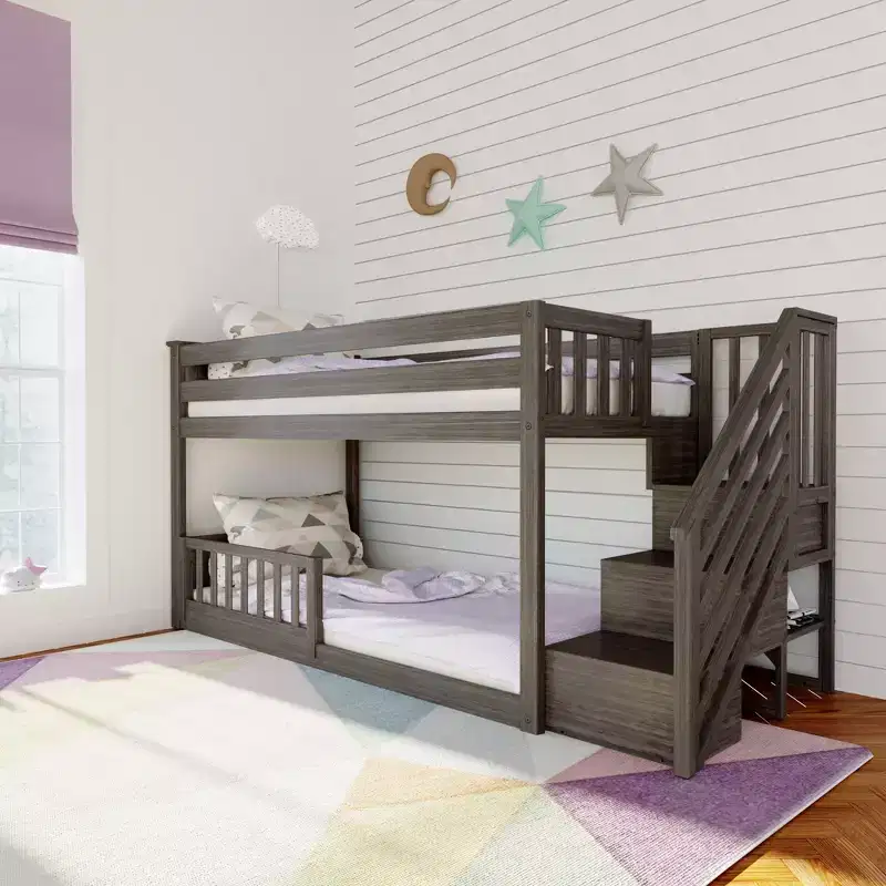 Max & Lily Low Twin over Twin Bunk with Stairs and Guard Rail