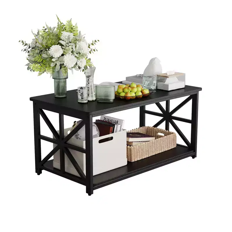 2-Tier Coffee Table, X-Frame Living Room Table with Storage Shelf for Small Spaces, Durable Rectangle Center Table