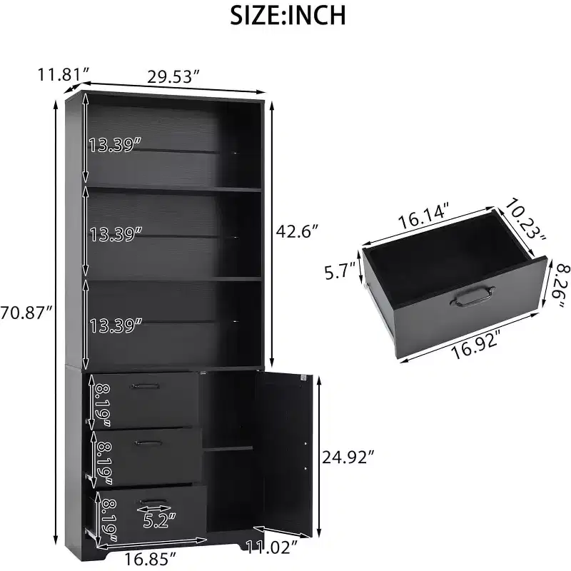 6-tier bookcase, 71-inch high bookcase with 3-tier shelves, storage cabinet with doors and 3 drawers for home office, living room, bedroom