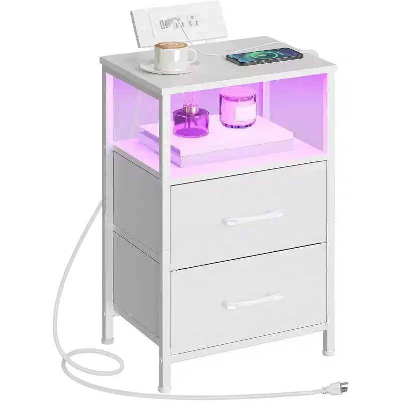 White Nightstand with Charging Station – LED Lights, 2 Fabric Drawers, AC/USB/Type-C