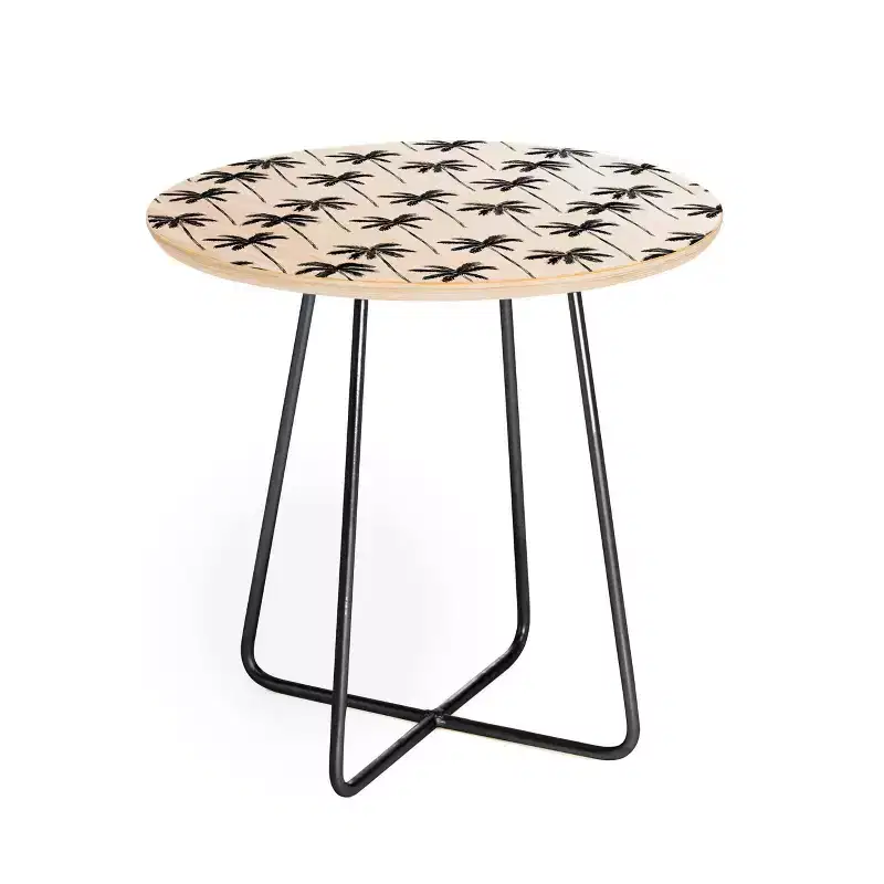 Round Watercolor Palm Tree Print Side Table, Black Steel Legs