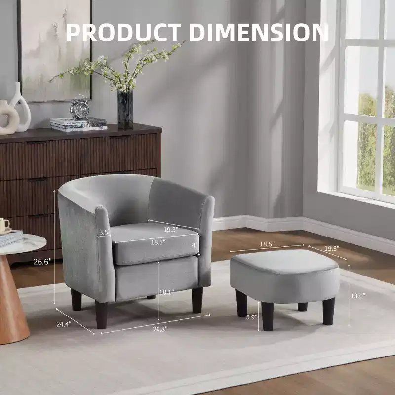 Bestier Gray Modern Velvet Accent Chair with Ottoman U-Shaped Back& 4 Thick Padded Seat